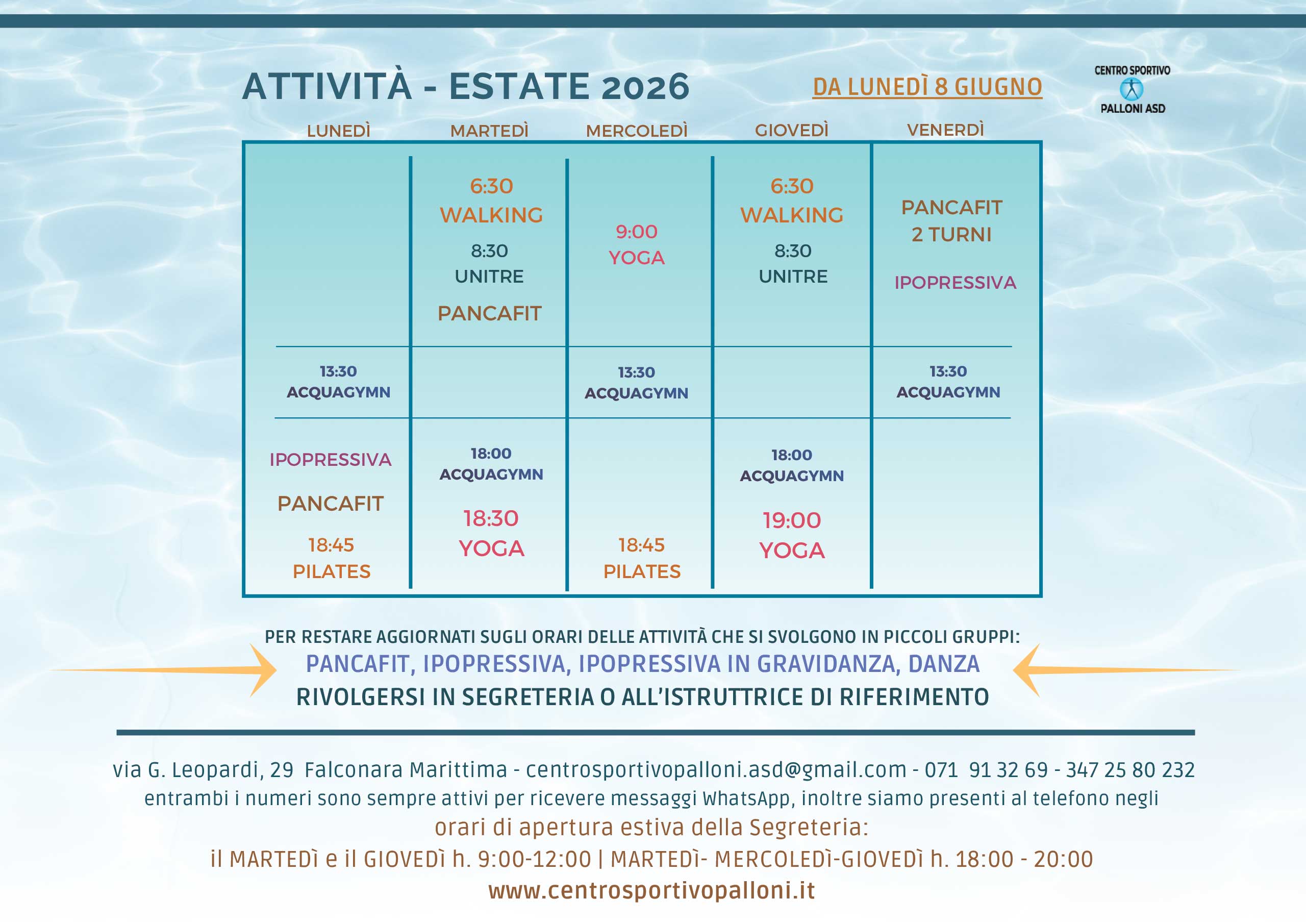 Centro Sportivo Palloni ASD Orario dal 8 giugno 2026